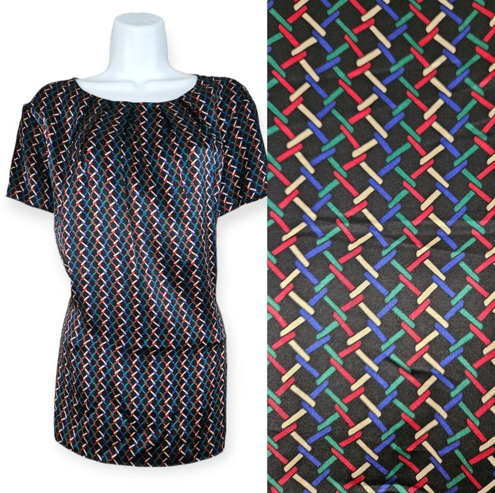 NWOT Talbots black red blue green geometric print silk blouse top Womens 16